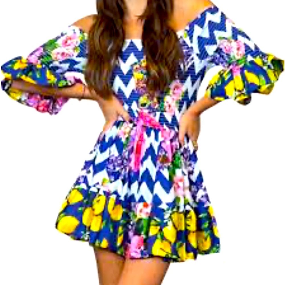 ANTICA SARTORIA Mini Dress White W Blue Chevron Pink Roses Lemons One Size NWT